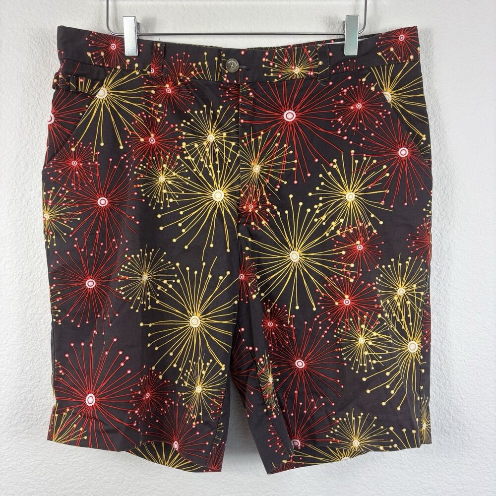 Royal Awesome Men’s Golf Shorts 38 Starburst Print Brown Retro 10” Preppy Club